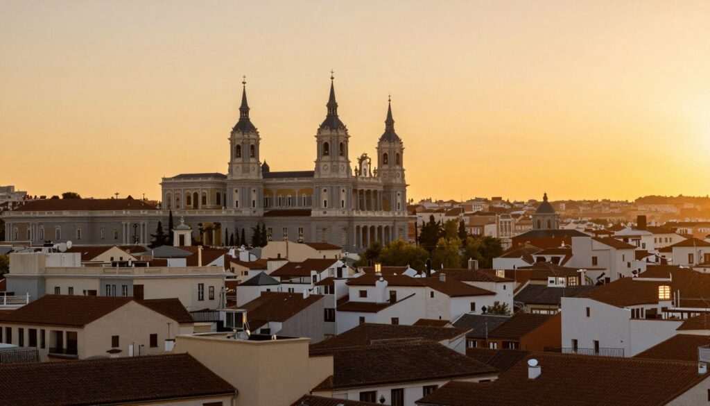 Zachód słońca nad Madrytem z widokiem na dzielnicę Austrias i San Ginés
