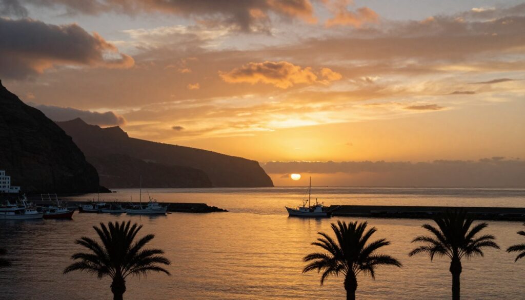Zachód słońca nad Puerto de Santiago z widokiem na Los Gigantes