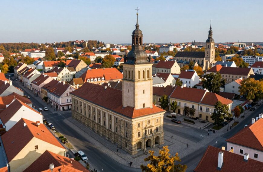 panorama miasta szydłowiec z ratuszem i kościołem
