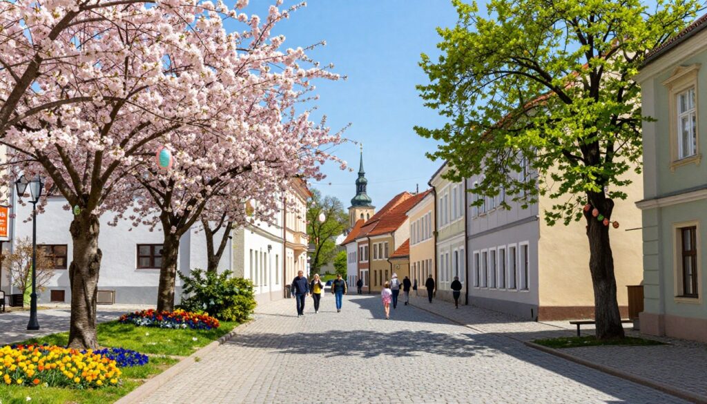 szydłowiec wiosną z kwitnącymi drzewami