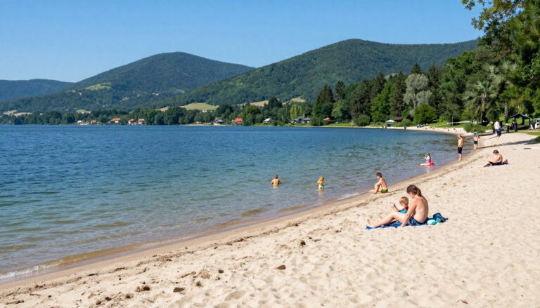 Malownicze jezioro dolnośląskie z plażą i otaczającymi górami