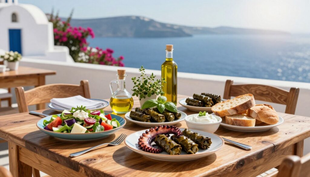 A beautifully arranged Mediterranean table showcasing traditional Greek cuisine. In the foreground, a rustic wooden table adorned with vibrant plates of Greek salad, grilled octopus, stuffed grape leaves, and a selection of artisan breads. A small jug of olive oil and a bowl of tzatziki add to the culinary theme. In the middle, fresh herbs like oregano and basil surround the dishes, enhancing the colors. The background features a sunny outdoor terrace overlooking the azure Aegean Sea, with whitewashed buildings and bougainvillea in bloom. The scene is bathed in warm sunlight, casting soft shadows. The overall mood is inviting and festive, capturing the essence of a delightful Greek holiday dining experience. A beautifully arranged Mediterranean table showcasing traditional Greek cuisine. In the foreground, a rustic wooden table adorned with vibrant plates of Greek salad, grilled octopus, stuffed grape leaves, and a selection of artisan breads. A small jug of olive oil and a bowl of tzatziki add to the culinary theme. In the middle, fresh herbs like oregano and basil surround the dishes, enhancing the colors. The background features a sunny outdoor terrace overlooking the azure Aegean Sea, with whitewashed buildings and bougainvillea in bloom. The scene is bathed in warm sunlight, casting soft shadows. The overall mood is inviting and festive, capturing the essence of a delightful Greek holiday dining experience.