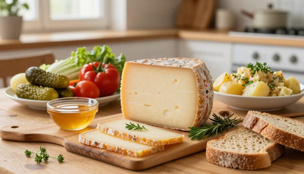 A beautifully arranged wooden table displays a variety of traditional Polish dishes featuring oscypek cheese as the centerpiece. In the foreground, there are slices of oscypek, garnished with herbs, alongside rustic bread and a small bowl of honey. In the middle ground, a colorful assortment of fresh vegetables, pickled cucumbers, and a warm potato salad enhance the scene. The background features a cozy kitchen setting with soft, natural lighting filtering through a window, highlighting the textures and colors of the food. The atmosphere is warm and inviting, evoking a sense of home-cooked comfort. Focus on capturing the rich details and the rustic charm of the dishes, emphasizing the artisanal aspect of oscypek. A beautifully arranged wooden table displays a variety of traditional Polish dishes featuring oscypek cheese as the centerpiece. In the foreground, there are slices of oscypek, garnished with herbs, alongside rustic bread and a small bowl of honey. In the middle ground, a colorful assortment of fresh vegetables, pickled cucumbers, and a warm potato salad enhance the scene. The background features a cozy kitchen setting with soft, natural lighting filtering through a window, highlighting the textures and colors of the food. The atmosphere is warm and inviting, evoking a sense of home-cooked comfort. Focus on capturing the rich details and the rustic charm of the dishes, emphasizing the artisanal aspect of oscypek.