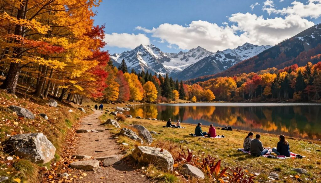 A breathtaking seasonal landscape in the mountains, showcasing a vibrant autumn scene. In the foreground, a winding trail leads through a forest of golden and crimson leaves, reflecting warm sunlight. Scattered stones and patches of grass add texture to the scene. In the middle ground, a calm lake mirrors the colorful foliage and distant peaks, while families enjoy picnicking on the shore, dressed in casual outdoor clothing. The background features majestic mountains dusted with early snow, under a clear blue sky with soft, fluffy clouds. The atmosphere is serene and inviting, suggesting a perfect family getaway in nature. Capture this scene with a warm, natural lighting to evoke a sense of tranquility and adventure. The angle should be slightly elevated to encompass the expansive view. A breathtaking seasonal landscape in the mountains, showcasing a vibrant autumn scene. In the foreground, a winding trail leads through a forest of golden and crimson leaves, reflecting warm sunlight. Scattered stones and patches of grass add texture to the scene. In the middle ground, a calm lake mirrors the colorful foliage and distant peaks, while families enjoy picnicking on the shore, dressed in casual outdoor clothing. The background features majestic mountains dusted with early snow, under a clear blue sky with soft, fluffy clouds. The atmosphere is serene and inviting, suggesting a perfect family getaway in nature. Capture this scene with a warm, natural lighting to evoke a sense of tranquility and adventure. The angle should be slightly elevated to encompass the expansive view.