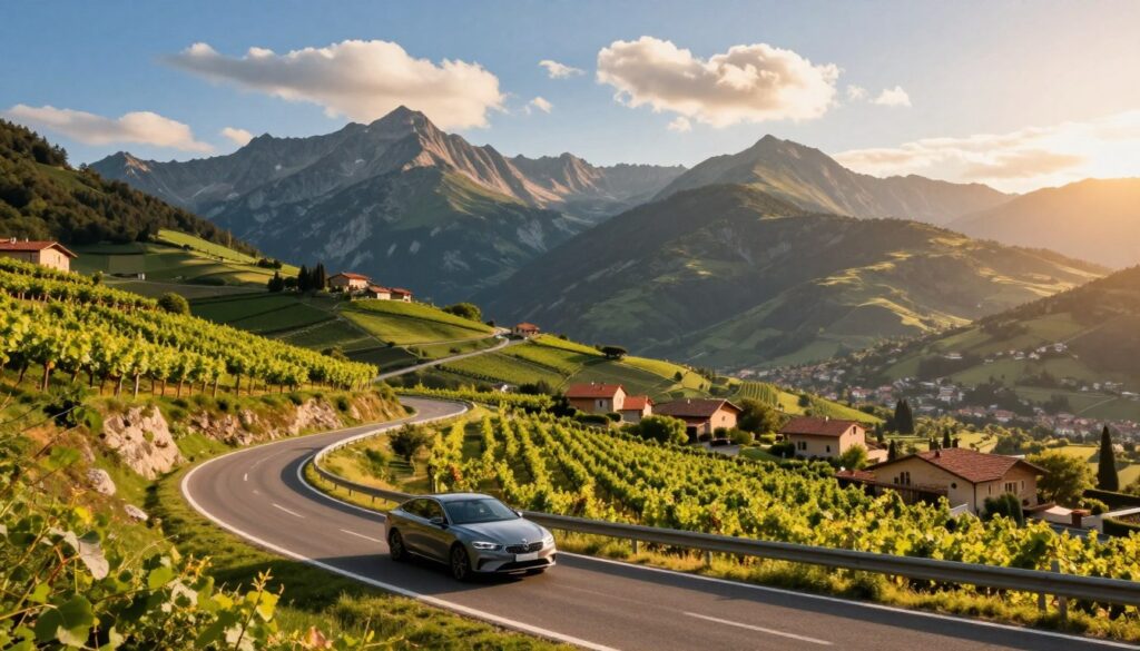 A breathtaking view of the most beautiful scenic drives in Europe, featuring winding roads flanked by lush green hills and picturesque mountains. In the foreground, a stylish car glides effortlessly along the winding road, capturing the essence of a road trip adventure. The middle ground showcases charming villages and vineyards, with terracotta-roofed houses nestled among rolling landscapes. In the background, majestic peaks tower under a clear blue sky dotted with fluffy white clouds. Soft sunset lighting bathes the scene in a warm golden glow, enhancing the vibrant colors of the countryside. The atmosphere is serene yet inviting, evoking a sense of wanderlust and exploration. A breathtaking view of the most beautiful scenic drives in Europe, featuring winding roads flanked by lush green hills and picturesque mountains. In the foreground, a stylish car glides effortlessly along the winding road, capturing the essence of a road trip adventure. The middle ground showcases charming villages and vineyards, with terracotta-roofed houses nestled among rolling landscapes. In the background, majestic peaks tower under a clear blue sky dotted with fluffy white clouds. Soft sunset lighting bathes the scene in a warm golden glow, enhancing the vibrant colors of the countryside. The atmosphere is serene yet inviting, evoking a sense of wanderlust and exploration.