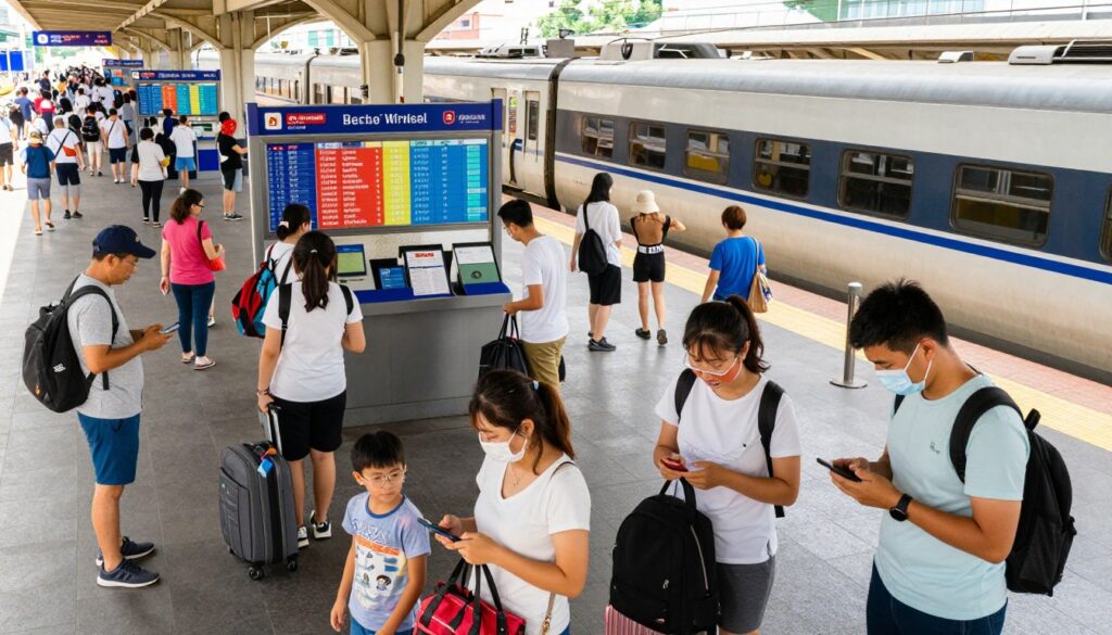 A busy train station scene during the summer, capturing the essence of preparing for a train journey. In the foreground, a diverse group of travelers, including a family with kids and a couple, are checking their tickets on mobile devices and organizing their bags. The middle ground features a vibrant display of train schedules and a ticket kiosk, while the background shows trains arriving and departing, with people in modest casual clothing bustling around. The lighting is bright and cheerful, evoking anticipation. The angle is slightly elevated, providing a clear view of the activity. The atmosphere is dynamic, filled with excitement and energy as people prepare for their journey to the seaside. A busy train station scene during the summer, capturing the essence of preparing for a train journey. In the foreground, a diverse group of travelers, including a family with kids and a couple, are checking their tickets on mobile devices and organizing their bags. The middle ground features a vibrant display of train schedules and a ticket kiosk, while the background shows trains arriving and departing, with people in modest casual clothing bustling around. The lighting is bright and cheerful, evoking anticipation. The angle is slightly elevated, providing a clear view of the activity. The atmosphere is dynamic, filled with excitement and energy as people prepare for their journey to the seaside.