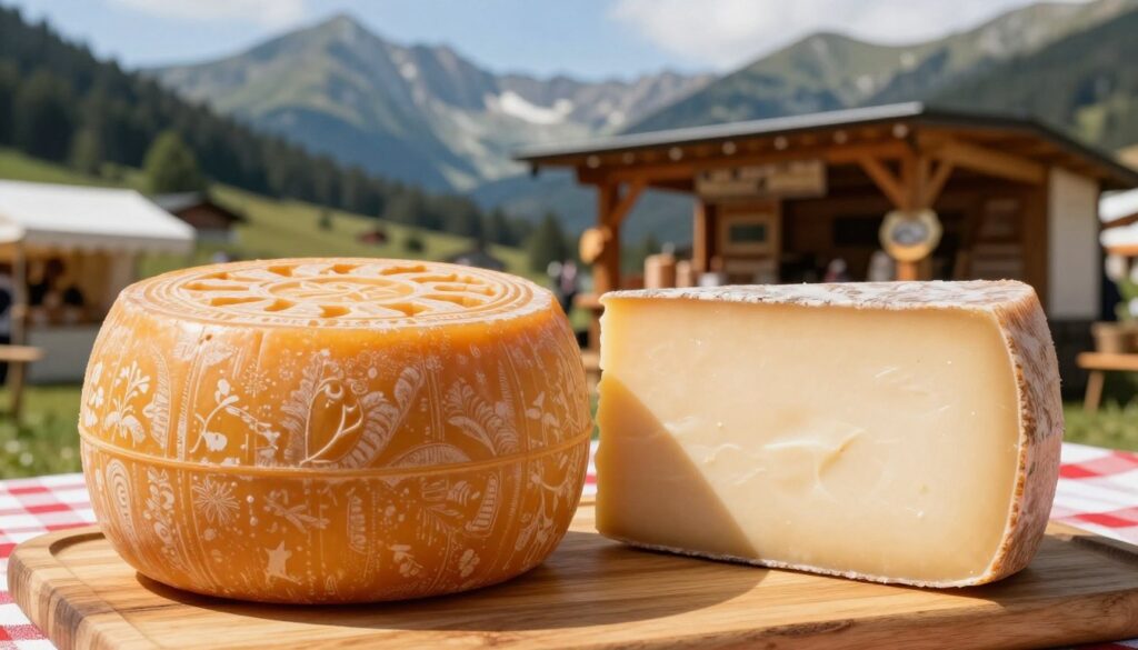 A close-up comparison image featuring two distinct types of cheese: oscypek and gołka. In the foreground, display a beautifully arranged wooden platter, showcasing a round, golden-brown oscypek with a unique carved design, alongside a smooth, creamy gołka, which appears lighter in color and texture. Highlight the slight differences in shape and surface texture between the cheeses. In the middle ground, include a rustic market stall with traditional wooden elements, set against a vibrant backdrop of the Tatra mountains under bright, natural sunlight. Enhance the scene with warm, earthy tones to evoke a cozy, alpine market atmosphere, capturing a sense of authenticity and tradition in Polish culture. A close-up comparison image featuring two distinct types of cheese: oscypek and gołka. In the foreground, display a beautifully arranged wooden platter, showcasing a round, golden-brown oscypek with a unique carved design, alongside a smooth, creamy gołka, which appears lighter in color and texture. Highlight the slight differences in shape and surface texture between the cheeses. In the middle ground, include a rustic market stall with traditional wooden elements, set against a vibrant backdrop of the Tatra mountains under bright, natural sunlight. Enhance the scene with warm, earthy tones to evoke a cozy, alpine market atmosphere, capturing a sense of authenticity and tradition in Polish culture.