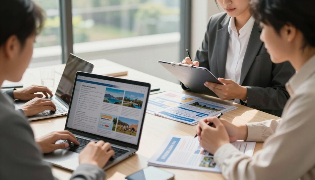 A close-up view of a diverse group of professionals evaluating travel agencies, surrounded by brochures and digital devices. In the foreground, two individuals in smart business attire are discussing travel options over a laptop, while a professional holding a clipboard observes attentively. The middle ground features a table with neatly arranged brochures, highlighting various destinations and reviews. In the background, a large window shows a sunny outdoor landscape, creating an inviting atmosphere. Soft natural light filters through, casting gentle shadows and enhancing the scene’s warmth. The mood is focused yet friendly, conveying trust and professionalism in the context of selecting reliable travel agencies.