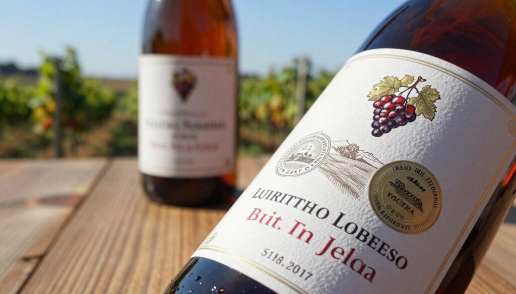 A close-up view of a high-quality wine label showcasing its certification and quality marks, emphasizing the rich texture and elegant design of the label. In the foreground, a well-crafted label featuring symbolic illustrations of grapes and vineyards, alongside prominent certification seals. In the middle ground, a rustic wooden table holds a bottle of regional Polish wine, reflecting warm, natural lighting that enhances the color of the wine within. The background showcases blurred vineyard scenes under a clear blue sky, evoking a serene and inviting atmosphere. Soft sunlight casts gentle highlights, creating an uplifting mood that represents the dedication and craftsmanship in Polish winemaking. A close-up view of a high-quality wine label showcasing its certification and quality marks, emphasizing the rich texture and elegant design of the label. In the foreground, a well-crafted label featuring symbolic illustrations of grapes and vineyards, alongside prominent certification seals. In the middle ground, a rustic wooden table holds a bottle of regional Polish wine, reflecting warm, natural lighting that enhances the color of the wine within. The background showcases blurred vineyard scenes under a clear blue sky, evoking a serene and inviting atmosphere. Soft sunlight casts gentle highlights, creating an uplifting mood that represents the dedication and craftsmanship in Polish winemaking.
