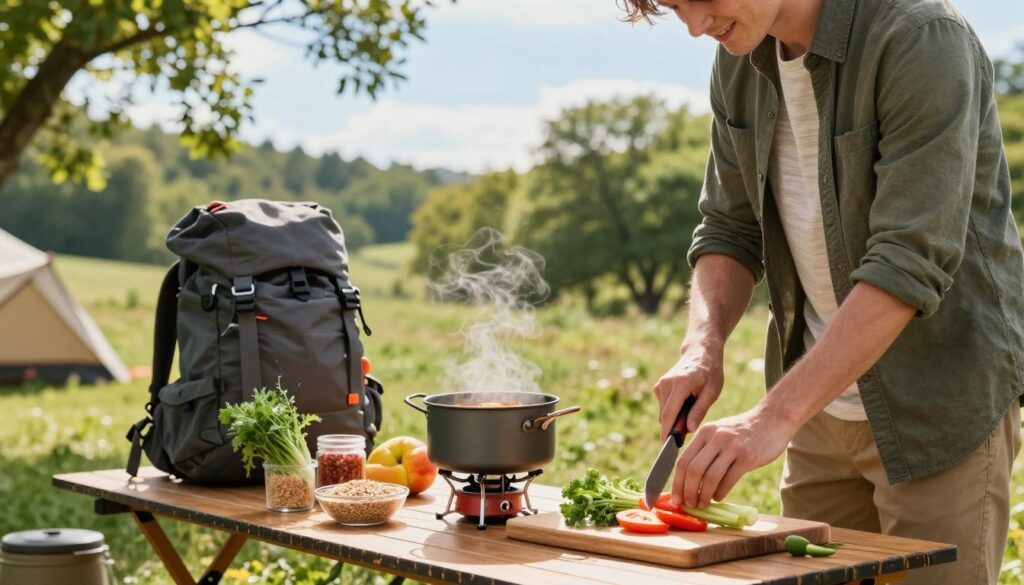 A cozy campsite scene featuring a traveler cooking a delicious meal using portable cooking equipment. In the foreground, a young adult in modest casual attire chops fresh vegetables on a wooden cutting board, with a small camping stove cooking a pot of soup. The middle ground includes a filled backpack and a picnic table laden with ingredients like grains, fruits, and herbs. In the background, a serene natural landscape showcases lush green trees and a clear blue sky, with sunlight filtering through the leaves, creating a warm and inviting atmosphere. The overall mood is relaxed and adventurous, conveying the joys of preparing meals while traveling on a budget.
