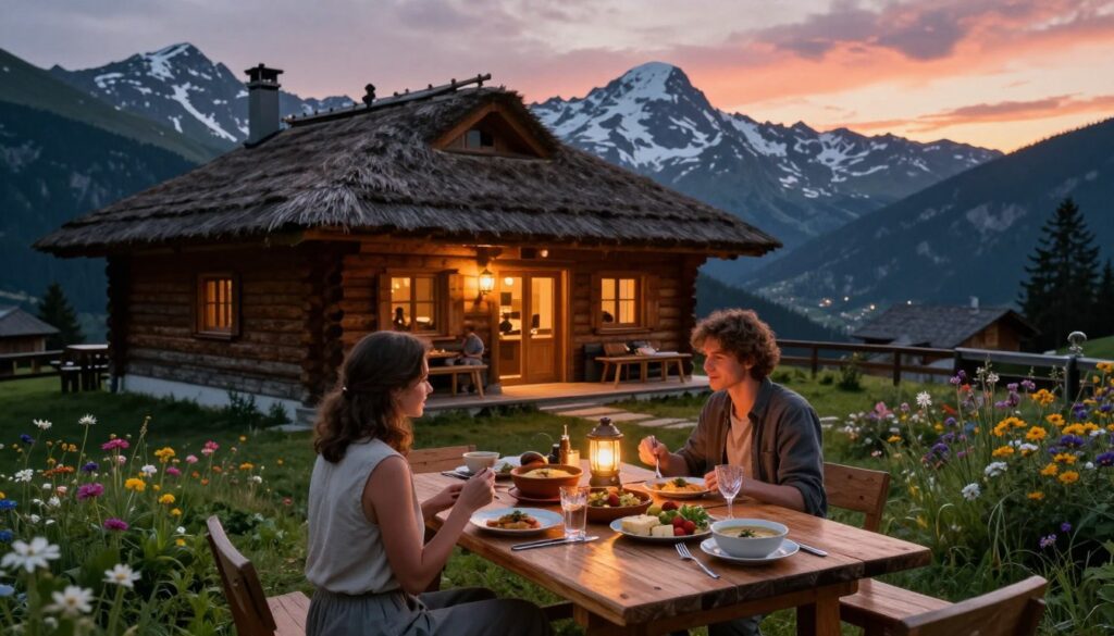 A cozy mountain lodge nestled in the picturesque Tatra Mountains, showcasing traditional wooden architecture with a thatched roof. In the foreground, a rustic dining table is set with delightful dishes featuring local cuisine, like hearty soups and mountain cheeses, emphasizing the theme of meals. Soft, warm lighting from lanterns creates an inviting atmosphere as dusk approaches, casting gentle shadows. The middle ground features couples in casual but modest clothing, enjoying their meal, surrounded by lush greenery and blooming wildflowers. In the background, majestic snow-capped peaks rise against a vibrant sunset sky, adding to the serene mountainous ambiance. The image evokes comfort, tranquility, and a sense of adventure. A cozy mountain lodge nestled in the picturesque Tatra Mountains, showcasing traditional wooden architecture with a thatched roof. In the foreground, a rustic dining table is set with delightful dishes featuring local cuisine, like hearty soups and mountain cheeses, emphasizing the theme of meals. Soft, warm lighting from lanterns creates an inviting atmosphere as dusk approaches, casting gentle shadows. The middle ground features couples in casual but modest clothing, enjoying their meal, surrounded by lush greenery and blooming wildflowers. In the background, majestic snow-capped peaks rise against a vibrant sunset sky, adding to the serene mountainous ambiance. The image evokes comfort, tranquility, and a sense of adventure.