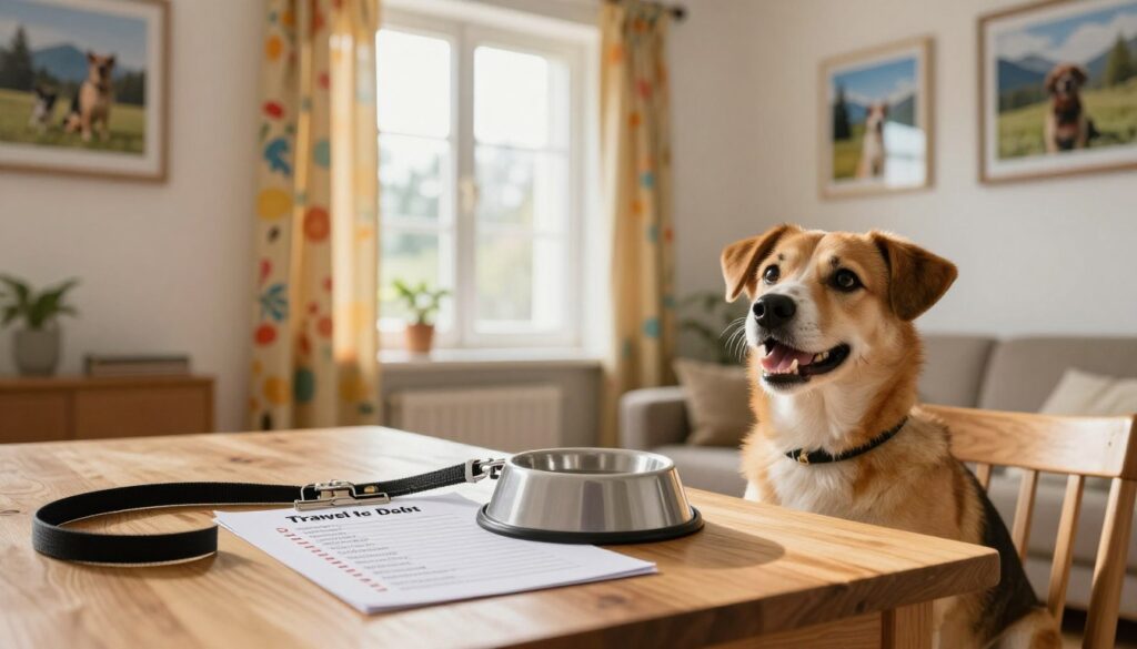 A cozy room with a wooden table in the foreground, featuring a detailed checklist for traveling with a dog. The checklist includes items like a leash, water bowl, food, and travel documents. A cute medium-sized dog sits beside the table, looking eager and happy, with bright, hopeful eyes. In the middle background, soft natural light streams in through a window adorned with cheerful curtains, illuminating the room and creating a warm atmosphere. On the walls, there are framed photos of dogs in various beautiful Polish landscapes, hinting at adventures. The scene conveys a sense of preparation, excitement, and the bond between a pet and its owner, emphasizing practical tips for traveling with dogs.