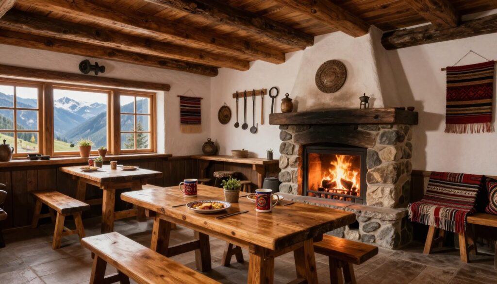 A cozy, rustic tavern interior, showcasing the unique atmosphere and decor of a regional mountain inn. In the foreground, a sturdy wooden table set with traditional meal plates and mugs, surrounded by comfortable benches. The middle ground features a stone fireplace with a warm, inviting fire, illuminating the space. Handcrafted wooden beams crisscross the ceiling, while local crafts adorn the walls, including antique tools and woven textiles. The background reveals large windows offering a view of majestic mountains outside, bathed in soft, natural light. The overall mood is warm and welcoming, evoking a sense of community and tradition. The scene captures the essence of what makes a good regional tavern, emphasizing authenticity and charm. A cozy, rustic tavern interior, showcasing the unique atmosphere and decor of a regional mountain inn. In the foreground, a sturdy wooden table set with traditional meal plates and mugs, surrounded by comfortable benches. The middle ground features a stone fireplace with a warm, inviting fire, illuminating the space. Handcrafted wooden beams crisscross the ceiling, while local crafts adorn the walls, including antique tools and woven textiles. The background reveals large windows offering a view of majestic mountains outside, bathed in soft, natural light. The overall mood is warm and welcoming, evoking a sense of community and tradition. The scene captures the essence of what makes a good regional tavern, emphasizing authenticity and charm.