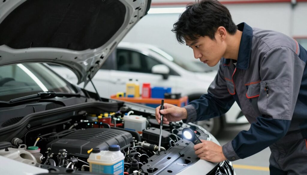 A mechanic in a well-lit garage, checking the car's cooling system and fluid levels. In the foreground, the mechanic, wearing professional work attire, is inspecting a car's engine with a focused expression, holding a dipstick in one hand and a flashlight in the other. The middle ground features a sleek modern car with the hood open, revealing the cooling system components. Various tools and fluid containers are neatly organized on a workbench in the background, with the soft glow of overhead lights illuminating the scene. The atmosphere is professional and meticulous, conveying a sense of preparation and care for automobile maintenance. Use a shallow depth of field to keep the focus on the mechanic and the car. A mechanic in a well-lit garage, checking the car's cooling system and fluid levels. In the foreground, the mechanic, wearing professional work attire, is inspecting a car's engine with a focused expression, holding a dipstick in one hand and a flashlight in the other. The middle ground features a sleek modern car with the hood open, revealing the cooling system components. Various tools and fluid containers are neatly organized on a workbench in the background, with the soft glow of overhead lights illuminating the scene. The atmosphere is professional and meticulous, conveying a sense of preparation and care for automobile maintenance. Use a shallow depth of field to keep the focus on the mechanic and the car.