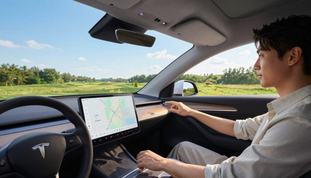 A modern car interior showcasing advanced driver-assistance systems and multimedia technologies. The foreground features a sleek digital dashboard displaying a vibrant touch screen with navigation maps and connectivity options. In the middle, a driver in professional attire interacts with the controls, reflecting engagement with the car's features. The background shows a panoramic view through the windshield, highlighting a summer landscape with clear blue skies and lush greenery. The scene is illuminated by bright, natural sunlight, creating a warm and inviting atmosphere. Use a wide-angle lens to capture the depth of the interior, ensuring focus on the technological elements while emphasizing comfort and sophistication. The overall mood is one of modernity and ease, symbolizing the optimization of travel comfort. A modern car interior showcasing advanced driver-assistance systems and multimedia technologies. The foreground features a sleek digital dashboard displaying a vibrant touch screen with navigation maps and connectivity options. In the middle, a driver in professional attire interacts with the controls, reflecting engagement with the car's features. The background shows a panoramic view through the windshield, highlighting a summer landscape with clear blue skies and lush greenery. The scene is illuminated by bright, natural sunlight, creating a warm and inviting atmosphere. Use a wide-angle lens to capture the depth of the interior, ensuring focus on the technological elements while emphasizing comfort and sophistication. The overall mood is one of modernity and ease, symbolizing the optimization of travel comfort.