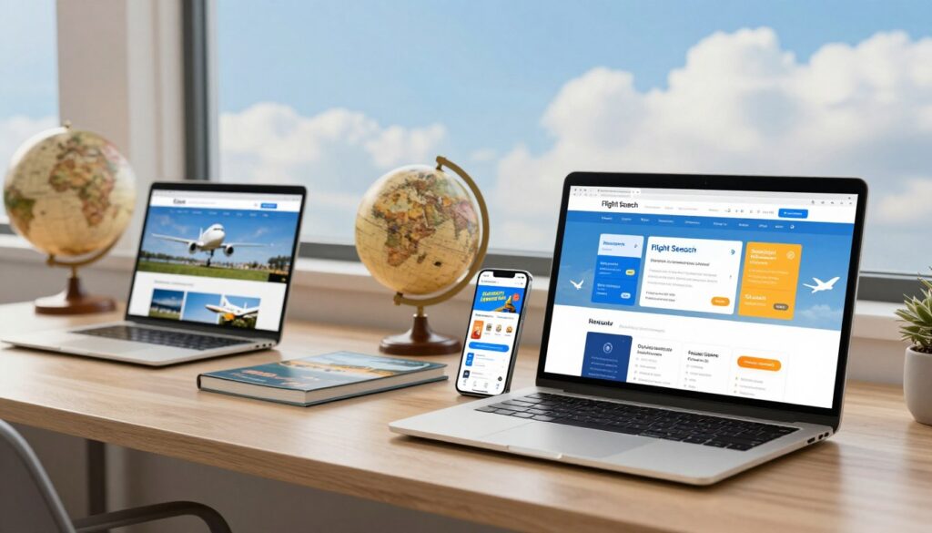 A modern workspace showcasing various flight search engines and travel applications on sleek computer and mobile device screens. In the foreground, a laptop displays a vibrant flight comparison website with eye-catching graphics, while a smartphone shows a popular travel app interface with promotional deals. The middle ground features a stylish desk with a travel guidebook and a globe, signifying global exploration. In the background, a large window reveals a clear blue sky with fluffy clouds, creating a sense of freedom and adventure. Soft natural lighting illuminates the scene, emphasizing a warm and inviting atmosphere. The mood is optimistic and aspirational, inspiring viewers to explore affordable flight options effortlessly. A modern workspace showcasing various flight search engines and travel applications on sleek computer and mobile device screens. In the foreground, a laptop displays a vibrant flight comparison website with eye-catching graphics, while a smartphone shows a popular travel app interface with promotional deals. The middle ground features a stylish desk with a travel guidebook and a globe, signifying global exploration. In the background, a large window reveals a clear blue sky with fluffy clouds, creating a sense of freedom and adventure. Soft natural lighting illuminates the scene, emphasizing a warm and inviting atmosphere. The mood is optimistic and aspirational, inspiring viewers to explore affordable flight options effortlessly.
