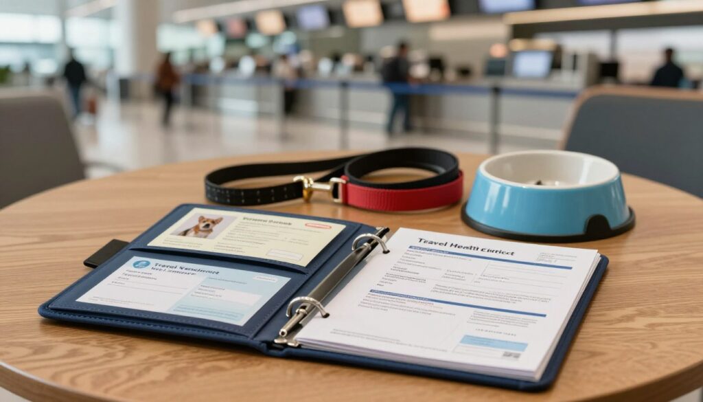 A neatly organized travel document folder for a dog, laying open on a wooden table. The foreground features important papers such as a vaccination record, travel health certificate, and airline documentation, all clearly visible. In the middle ground, a couple of colorful pet travel accessories like a leash and a travel bowl are elegantly arranged. The background shows a soft-focus airport scene with check-in counters, creating an atmosphere of readiness for travel. Warm, natural lighting enhances the scene, evoking a sense of comfort and care. The overall mood is calm and organized, perfect for illustrating the importance of preparing travel documentation for pets. A neatly organized travel document folder for a dog, laying open on a wooden table. The foreground features important papers such as a vaccination record, travel health certificate, and airline documentation, all clearly visible. In the middle ground, a couple of colorful pet travel accessories like a leash and a travel bowl are elegantly arranged. The background shows a soft-focus airport scene with check-in counters, creating an atmosphere of readiness for travel. Warm, natural lighting enhances the scene, evoking a sense of comfort and care. The overall mood is calm and organized, perfect for illustrating the importance of preparing travel documentation for pets.