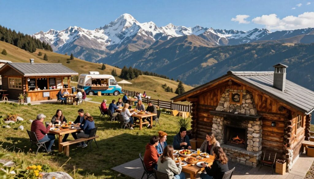 A picturesque mountain landscape featuring various categories of eateries in a rustic setting. In the foreground, a cozy, inviting wooden cabin with a stone fireplace and patrons enjoying hearty meals. The middle layer shows a vibrant outdoor terrace with tables overlooking rolling hills, where families and friends share laughter. Scattered around are distinct culinary establishments, like a traditional tavern, a charming café, and a food truck offering local specialties. The background highlights majestic snow-capped peaks under a clear blue sky, with warm sunlight illuminating the scene, enhancing the inviting atmosphere. The image is captured with a slight tilt-angle lens to create depth, evoking a sense of adventure and warmth, perfect for illustrating culinary experiences in the mountains. A picturesque mountain landscape featuring various categories of eateries in a rustic setting. In the foreground, a cozy, inviting wooden cabin with a stone fireplace and patrons enjoying hearty meals. The middle layer shows a vibrant outdoor terrace with tables overlooking rolling hills, where families and friends share laughter. Scattered around are distinct culinary establishments, like a traditional tavern, a charming café, and a food truck offering local specialties. The background highlights majestic snow-capped peaks under a clear blue sky, with warm sunlight illuminating the scene, enhancing the inviting atmosphere. The image is captured with a slight tilt-angle lens to create depth, evoking a sense of adventure and warmth, perfect for illustrating culinary experiences in the mountains.