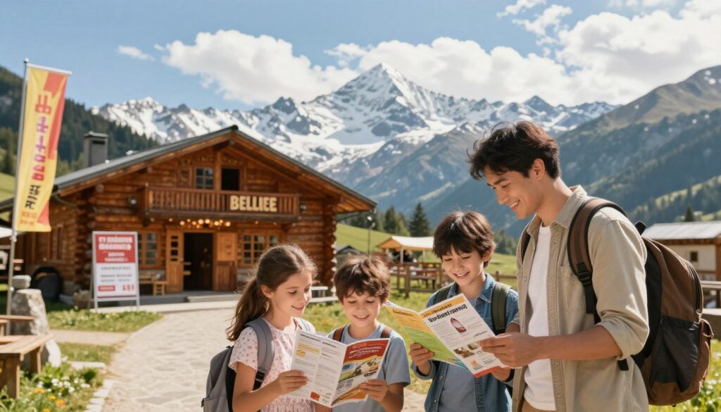 A picturesque mountain scene showcasing a family exploring budget-friendly options for their trip. In the foreground, a modestly dressed family of four, smiling and examining brochures and discount flyers. The middle ground features a charming wooden lodge with a sign displaying special offers, while colorful banners flutter in the breeze, advertising promotions. The background reveals stunning snow-capped peaks under a bright blue sky with soft white clouds. The lighting is warm and inviting, evoking a sense of exploration and excitement. Capture this scene with a slightly elevated angle to emphasize the interaction of the family amidst the natural beauty, creating a vibe of joy and discovery in planning an affordable mountain getaway. A picturesque mountain scene showcasing a family exploring budget-friendly options for their trip. In the foreground, a modestly dressed family of four, smiling and examining brochures and discount flyers. The middle ground features a charming wooden lodge with a sign displaying special offers, while colorful banners flutter in the breeze, advertising promotions. The background reveals stunning snow-capped peaks under a bright blue sky with soft white clouds. The lighting is warm and inviting, evoking a sense of exploration and excitement. Capture this scene with a slightly elevated angle to emphasize the interaction of the family amidst the natural beauty, creating a vibe of joy and discovery in planning an affordable mountain getaway.