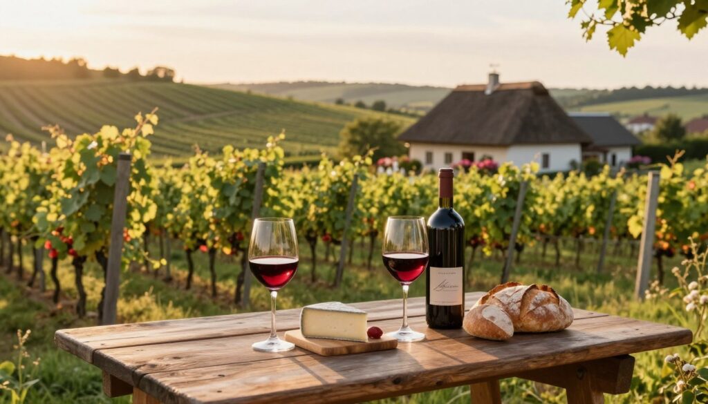 A picturesque scene of a small vineyard in Poland during the golden hour, capturing the essence of regional wines. In the foreground, a rustic wooden table is adorned with elegant wine glasses filled with rich red wine, along with a cheese platter and artisanal bread. The middle ground features lush green grapevines stretching across gently rolling hills, their leaves shimmering in the warm sunlight. In the background, quaint farmhouses with thatched roofs and blooming flowers enhance the idyllic atmosphere. Soft, warm lighting casts gentle shadows, creating a cozy and inviting ambiance. The overall mood is serene and celebratory, reflecting the charm of tasting local wines from family-owned vineyards. A picturesque scene of a small vineyard in Poland during the golden hour, capturing the essence of regional wines. In the foreground, a rustic wooden table is adorned with elegant wine glasses filled with rich red wine, along with a cheese platter and artisanal bread. The middle ground features lush green grapevines stretching across gently rolling hills, their leaves shimmering in the warm sunlight. In the background, quaint farmhouses with thatched roofs and blooming flowers enhance the idyllic atmosphere. Soft, warm lighting casts gentle shadows, creating a cozy and inviting ambiance. The overall mood is serene and celebratory, reflecting the charm of tasting local wines from family-owned vineyards.