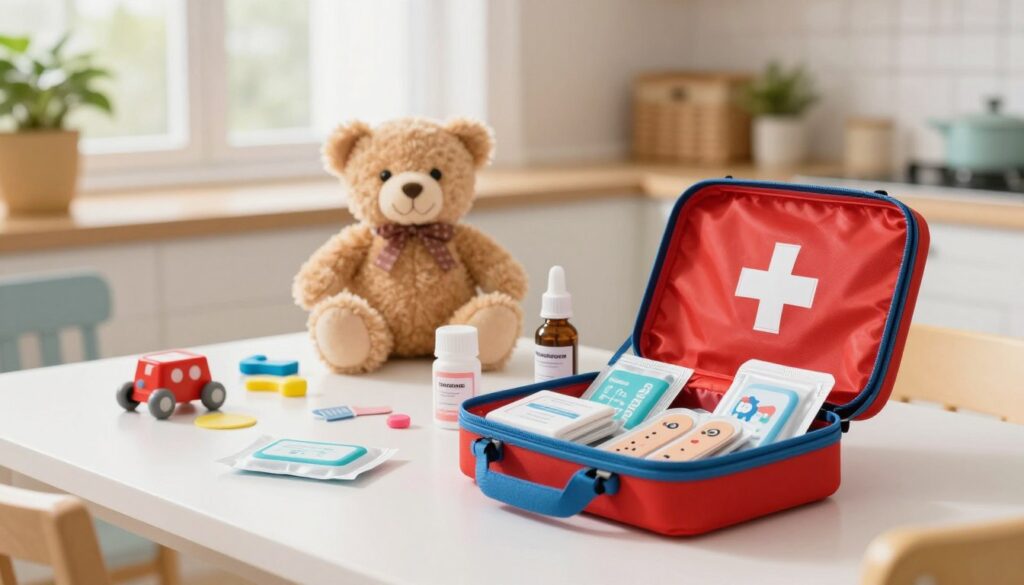 A playful and organized scene depicting a child's emergency kit preparation on a bright, cheerful kitchen table. In the foreground, a colorful first aid kit is opening, revealing an assortment of child-friendly medical supplies like band-aids with fun designs, antiseptic wipes, and small bottles of medicine marked with labels. In the middle, lightly scattered toys and a soothing teddy bear give a comforting feel. The background features pleasant kitchen details like sunny windows, houseplants, and a gentle, warm light that creates an inviting atmosphere, highlighting the importance of health and safety in a child's journey. The overall mood is calm and reassuring. A playful and organized scene depicting a child's emergency kit preparation on a bright, cheerful kitchen table. In the foreground, a colorful first aid kit is opening, revealing an assortment of child-friendly medical supplies like band-aids with fun designs, antiseptic wipes, and small bottles of medicine marked with labels. In the middle, lightly scattered toys and a soothing teddy bear give a comforting feel. The background features pleasant kitchen details like sunny windows, houseplants, and a gentle, warm light that creates an inviting atmosphere, highlighting the importance of health and safety in a child's journey. The overall mood is calm and reassuring.