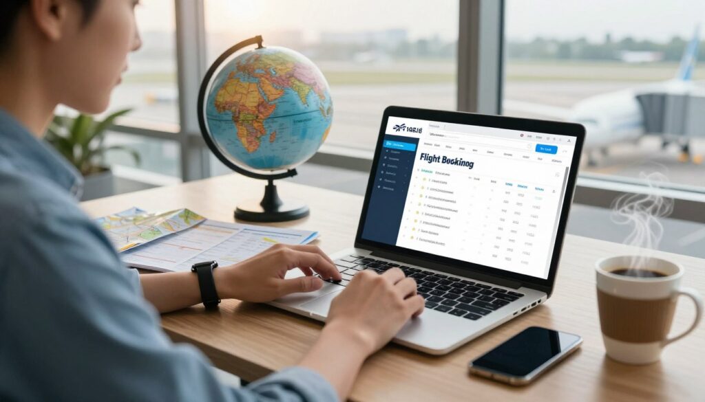 A professional and organized workspace featuring a sleek laptop displaying a flight booking website. In the foreground, a focused individual in smart casual attire reviews travel options, surrounded by travel essentials like maps, a smartphone, and a steaming coffee cup. The middle ground consists of a globe and flight itinerary notes on a wooden desk, symbolizing travel strategies for various destinations. The background includes a large window with a view of an airport runway, bathed in warm morning light, creating an uplifting and hopeful atmosphere. The composition emphasizes the theme of finding affordable flight bookings, capturing a blend of urgency and excitement in the pursuit of travel planning. A professional and organized workspace featuring a sleek laptop displaying a flight booking website. In the foreground, a focused individual in smart casual attire reviews travel options, surrounded by travel essentials like maps, a smartphone, and a steaming coffee cup. The middle ground consists of a globe and flight itinerary notes on a wooden desk, symbolizing travel strategies for various destinations. The background includes a large window with a view of an airport runway, bathed in warm morning light, creating an uplifting and hopeful atmosphere. The composition emphasizes the theme of finding affordable flight bookings, capturing a blend of urgency and excitement in the pursuit of travel planning.