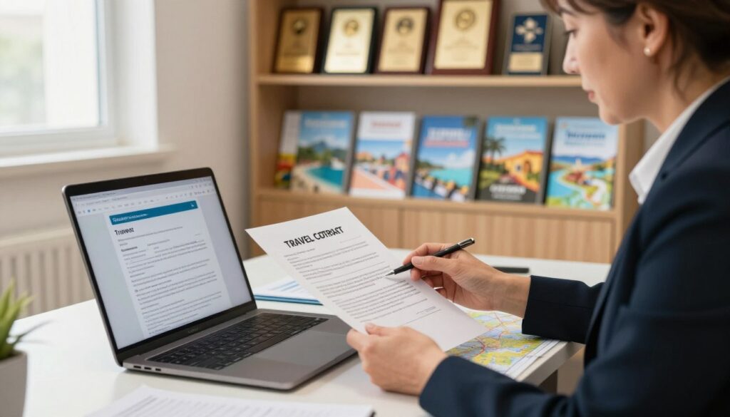 A professional travel agent's office, filled with travel brochures and maps. In the foreground, a neatly organized desk with a laptop open, displaying a travel contract with clear details. To the side, a person in professional business attire, a middle-aged woman, examining the contract with a focused expression. In the middle background, shelves lined with colorful travel destinations and awards, creating a warm and inviting atmosphere, illuminated by soft, natural light coming through a window. The overall mood is professional yet approachable, emphasizing the importance of careful consideration when choosing a travel agency. Capture this scene from a slightly elevated angle to convey depth and engagement in the decision-making process.
