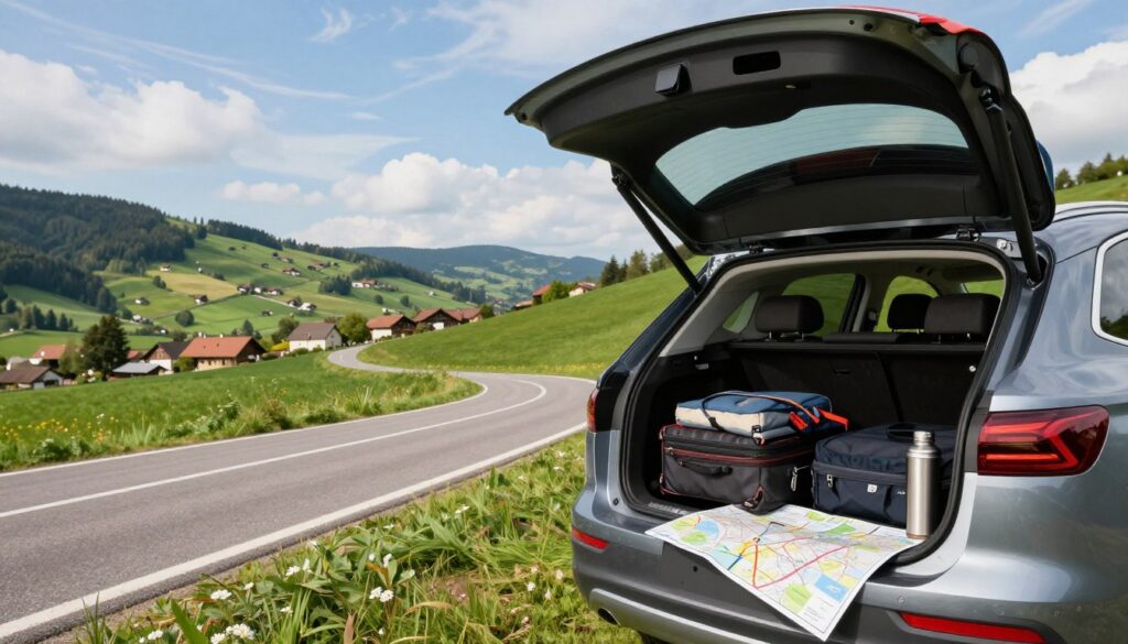 A road-ready vehicle parked in a picturesque European countryside setting, prepared for a long journey. In the foreground, the car's trunk is open, displaying neatly organized luggage, travel gear, and a travel guide. A map is spread out on the car's hood beside a coffee thermos. The middle ground features a winding road leading into lush green hills, dotted with quaint villages. In the background, a clear blue sky with wispy clouds suggests a bright, sunny day. The atmosphere is calm and inviting, evoking a sense of adventure and readiness. The scene is captured with soft, natural lighting, using a slight wide-angle perspective to emphasize the car's importance in the travel scene. A road-ready vehicle parked in a picturesque European countryside setting, prepared for a long journey. In the foreground, the car's trunk is open, displaying neatly organized luggage, travel gear, and a travel guide. A map is spread out on the car's hood beside a coffee thermos. The middle ground features a winding road leading into lush green hills, dotted with quaint villages. In the background, a clear blue sky with wispy clouds suggests a bright, sunny day. The atmosphere is calm and inviting, evoking a sense of adventure and readiness. The scene is captured with soft, natural lighting, using a slight wide-angle perspective to emphasize the car's importance in the travel scene.
