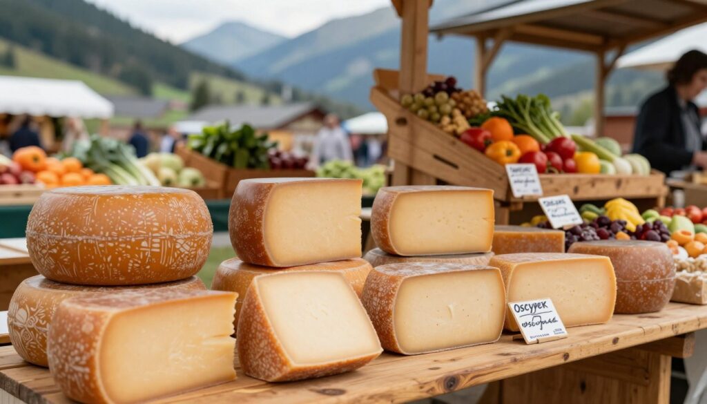 A rustic Polish market stall showcasing a selection of oscypek cheeses, arranged artfully on a wooden table. In the foreground, focus on several distinct oscypki, highlighting their golden-brown, intricate textures and unique shapes, with a few subtle price tags displayed nearby. The middle ground includes vibrant local produce and traditional wooden display pieces, creating an inviting atmosphere. In the background, a picturesque mountainous landscape is slightly blurred, with soft, natural lighting filtering through, enhancing the warm tones of the scene. The mood is charming and authentic, evoking the essence of local culture and seasonal delicacies. The perspective is at eye level, inviting the viewer to appreciate the details of the oscypek while capturing the essence of a bustling market environment. A rustic Polish market stall showcasing a selection of oscypek cheeses, arranged artfully on a wooden table. In the foreground, focus on several distinct oscypki, highlighting their golden-brown, intricate textures and unique shapes, with a few subtle price tags displayed nearby. The middle ground includes vibrant local produce and traditional wooden display pieces, creating an inviting atmosphere. In the background, a picturesque mountainous landscape is slightly blurred, with soft, natural lighting filtering through, enhancing the warm tones of the scene. The mood is charming and authentic, evoking the essence of local culture and seasonal delicacies. The perspective is at eye level, inviting the viewer to appreciate the details of the oscypek while capturing the essence of a bustling market environment.
