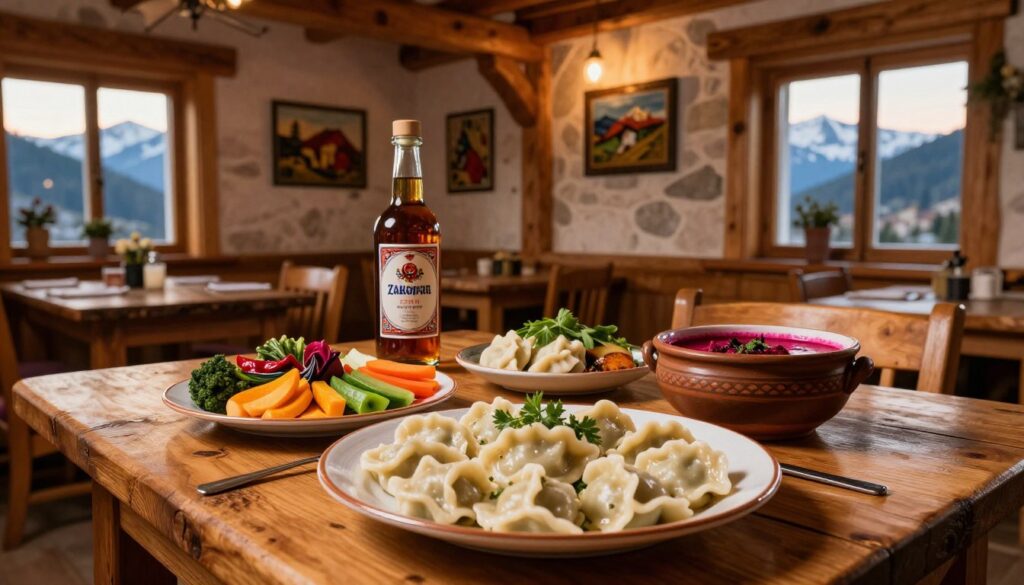 A rustic wooden table set in a cozy, warmly-lit regional inn in the mountains, featuring an array of traditional dishes inspired by Zakopane and the Warmia-Mazury region. In the foreground, a beautifully presented plate of hearty, local pierogi surrounded by colorful seasonal vegetables, rich beetroot soup in a rustic bowl, and a bottle of locally-made fruit syrup. The middle ground showcases wooden beams and stone walls adorned with regional artworks, enhancing the authentic atmosphere. In the background, a glimpse of snow-capped mountains through a window, bathed in soft, golden evening light, creating a warm and inviting mood. The composition should evoke a sense of culinary tradition and comfort, perfect for an article about exploring regional cuisine away from tourist traps. A rustic wooden table set in a cozy, warmly-lit regional inn in the mountains, featuring an array of traditional dishes inspired by Zakopane and the Warmia-Mazury region. In the foreground, a beautifully presented plate of hearty, local pierogi surrounded by colorful seasonal vegetables, rich beetroot soup in a rustic bowl, and a bottle of locally-made fruit syrup. The middle ground showcases wooden beams and stone walls adorned with regional artworks, enhancing the authentic atmosphere. In the background, a glimpse of snow-capped mountains through a window, bathed in soft, golden evening light, creating a warm and inviting mood. The composition should evoke a sense of culinary tradition and comfort, perfect for an article about exploring regional cuisine away from tourist traps.