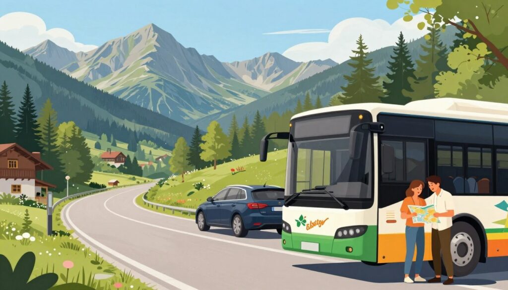 A scenic illustration of transportation options to Zakopane, featuring a modern bus and a sleek car parked at a picturesque rest stop. In the foreground, the bus displays colorful travel advertisements and a couple is seen in modest casual clothing, examining a map with excited expressions. The middle ground showcases a winding road lined with lush green trees leading towards the Tatra mountains, with their majestic peaks in the background under a clear blue sky. Soft, warm sunlight casts gentle shadows, enhancing the inviting atmosphere. The image captures the essence of travel and adventure, showcasing the beauty of the journey to Zakopane. No text or watermarks included. A scenic illustration of transportation options to Zakopane, featuring a modern bus and a sleek car parked at a picturesque rest stop. In the foreground, the bus displays colorful travel advertisements and a couple is seen in modest casual clothing, examining a map with excited expressions. The middle ground showcases a winding road lined with lush green trees leading towards the Tatra mountains, with their majestic peaks in the background under a clear blue sky. Soft, warm sunlight casts gentle shadows, enhancing the inviting atmosphere. The image captures the essence of travel and adventure, showcasing the beauty of the journey to Zakopane. No text or watermarks included.
