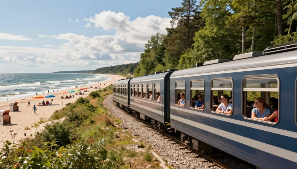 A scenic train speeding along the Baltic Sea coastline, surrounded by lush green forests and gentle sandy beaches. In the foreground, a stylish modern passenger train with large windows showcasing travelers inside, dressed in casual summer attire, excitedly looking out. In the middle ground, colorful beach umbrellas dot the shoreline, with families enjoying the summer sun and playing by the water. The background features rolling waves of the Baltic Sea, shimmering under a bright blue sky with fluffy white clouds. The lighting is warm and inviting, suggesting a sunny summer day. Take the scene from a slightly elevated angle to capture the vibrancy of the train, beach, and sea, evoking a sense of adventure and relaxation. A scenic train speeding along the Baltic Sea coastline, surrounded by lush green forests and gentle sandy beaches. In the foreground, a stylish modern passenger train with large windows showcasing travelers inside, dressed in casual summer attire, excitedly looking out. In the middle ground, colorful beach umbrellas dot the shoreline, with families enjoying the summer sun and playing by the water. The background features rolling waves of the Baltic Sea, shimmering under a bright blue sky with fluffy white clouds. The lighting is warm and inviting, suggesting a sunny summer day. Take the scene from a slightly elevated angle to capture the vibrancy of the train, beach, and sea, evoking a sense of adventure and relaxation.
