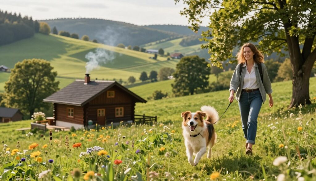 A scenic view of a dog enjoying a vacation in Poland's beautiful countryside, showcasing a charming landscape with rolling hills and lush greenery in the background. In the foreground, a happy dog is playfully running on a grassy meadow, with a joyful owner beside it, both dressed in casual outdoor attire. The middle ground features a cozy wooden cabin with smoke gently rising from the chimney, surrounded by colorful flowers and towering trees. The atmosphere is warm and inviting, illuminated by soft, golden sunlight filtering through the leaves, enhancing the peaceful vibe of a perfect holiday spot. The composition captures a sense of adventure and companionship, reflecting the joy of traveling with a pet.