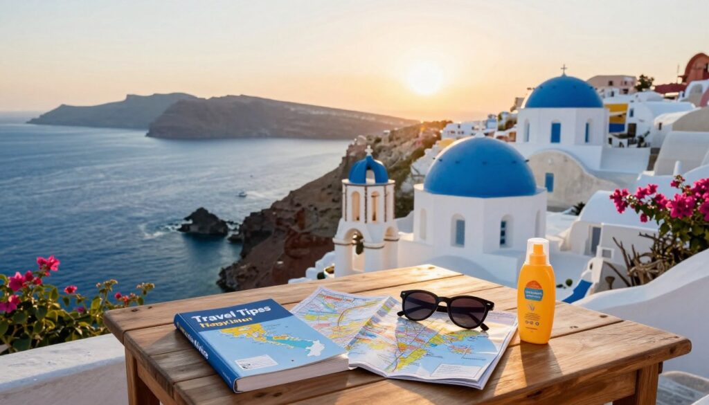 A serene Greek landscape showcasing essential travel tips. In the foreground, a neatly arranged wooden table with travel essentials like a map of Greece, a travel guidebook, a stylish pair of sunglasses, and a sunscreen bottle. In the middle ground, a breathtaking view of whitewashed buildings with blue domes typical of the Greek islands, surrounded by lush greenery and vibrant bougainvillea. The background features the crystal-clear azure sea and a horizon where the sun is setting, casting a warm, golden glow across the scene. The atmosphere is calm and inviting, perfect for a relaxing getaway. Capture this with soft, natural lighting to enhance the idyllic scenery, using a wide-angle lens to incorporate the expansive view. A serene Greek landscape showcasing essential travel tips. In the foreground, a neatly arranged wooden table with travel essentials like a map of Greece, a travel guidebook, a stylish pair of sunglasses, and a sunscreen bottle. In the middle ground, a breathtaking view of whitewashed buildings with blue domes typical of the Greek islands, surrounded by lush greenery and vibrant bougainvillea. The background features the crystal-clear azure sea and a horizon where the sun is setting, casting a warm, golden glow across the scene. The atmosphere is calm and inviting, perfect for a relaxing getaway. Capture this with soft, natural lighting to enhance the idyllic scenery, using a wide-angle lens to incorporate the expansive view.