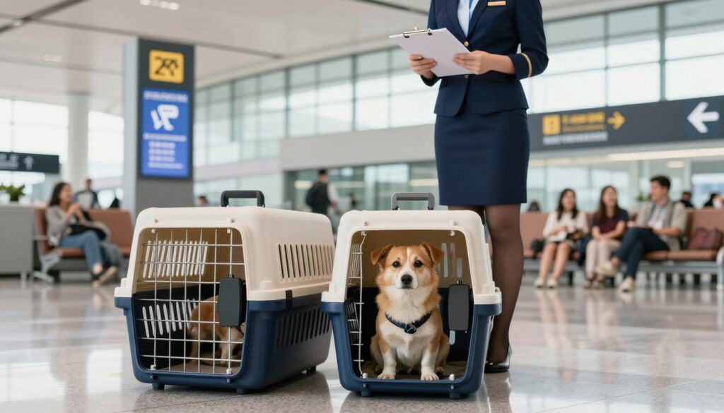 A serene airport scene featuring a well-behaved dog in a pet carrier, positioned in the foreground. The carrier is designed with ventilation openings and secure locks, emphasizing safety regulations. In the middle ground, a professional-looking airline staff member, dressed in a smart uniform, stands with a checklist, ready to assist, embodying the theme of compliance with airline rules. The background showcases a modern terminal with clear safety signage and happy travelers, contributing to a positive atmosphere. Soft, natural lighting filters through large windows, illuminating the scene, creating a calm and welcoming environment. The overall mood conveys a sense of assurance for pet owners traveling with their dogs, emphasizing the importance of following airline regulations for safe air travel. A serene airport scene featuring a well-behaved dog in a pet carrier, positioned in the foreground. The carrier is designed with ventilation openings and secure locks, emphasizing safety regulations. In the middle ground, a professional-looking airline staff member, dressed in a smart uniform, stands with a checklist, ready to assist, embodying the theme of compliance with airline rules. The background showcases a modern terminal with clear safety signage and happy travelers, contributing to a positive atmosphere. Soft, natural lighting filters through large windows, illuminating the scene, creating a calm and welcoming environment. The overall mood conveys a sense of assurance for pet owners traveling with their dogs, emphasizing the importance of following airline regulations for safe air travel.