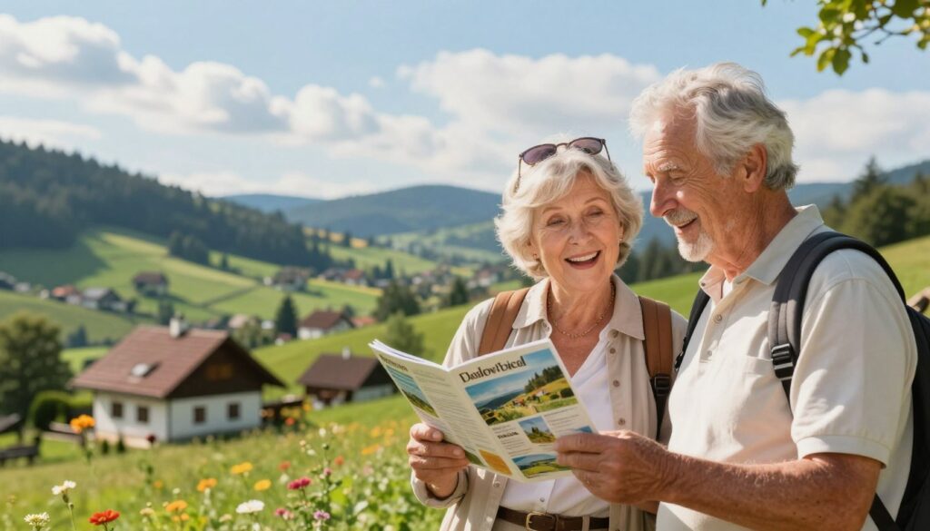 A serene and inviting travel scene focused on attractive holiday offerings for seniors in Poland. In the foreground, a cheerful elderly couple in modest casual clothing is examining a travel brochure, their expressions filled with excitement and wonder. In the middle ground, showcase picturesque Polish landscapes, featuring lush green hills and charming traditional cottages, adorned with flowers. The background reveals a bright blue sky with soft, fluffy clouds, hinting at a perfect weather day for traveling. The scene is warmly lit by gentle, golden sunlight, creating a welcoming and relaxed atmosphere. The angle is slightly elevated, capturing both the couple's interaction and the beautiful Polish scenery around them, embodying the essence of comfortable and enjoyable travel for seniors. A serene and inviting travel scene focused on attractive holiday offerings for seniors in Poland. In the foreground, a cheerful elderly couple in modest casual clothing is examining a travel brochure, their expressions filled with excitement and wonder. In the middle ground, showcase picturesque Polish landscapes, featuring lush green hills and charming traditional cottages, adorned with flowers. The background reveals a bright blue sky with soft, fluffy clouds, hinting at a perfect weather day for traveling. The scene is warmly lit by gentle, golden sunlight, creating a welcoming and relaxed atmosphere. The angle is slightly elevated, capturing both the couple's interaction and the beautiful Polish scenery around them, embodying the essence of comfortable and enjoyable travel for seniors.