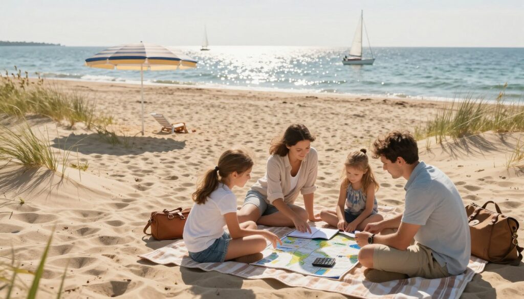 A serene beach scene capturing the essence of family vacation planning at the Polish seaside in 2026. In the foreground, a family of four, dressed in modest, casual clothing, sits around a picnic blanket with a notebook, calculator, and maps spread out, discussing their holiday budget. The middle ground features sandy dunes and a beach umbrella, gently swaying in the breeze, symbolizing leisure and relaxation. In the background, the calm sea glistens under the afternoon sun, with sailboats drifting peacefully. The lighting is warm, creating a welcoming atmosphere. The scene is framed using a slightly elevated angle, showcasing the family's careful planning amidst the picturesque coastal views. A serene beach scene capturing the essence of family vacation planning at the Polish seaside in 2026. In the foreground, a family of four, dressed in modest, casual clothing, sits around a picnic blanket with a notebook, calculator, and maps spread out, discussing their holiday budget. The middle ground features sandy dunes and a beach umbrella, gently swaying in the breeze, symbolizing leisure and relaxation. In the background, the calm sea glistens under the afternoon sun, with sailboats drifting peacefully. The lighting is warm, creating a welcoming atmosphere. The scene is framed using a slightly elevated angle, showcasing the family's careful planning amidst the picturesque coastal views.