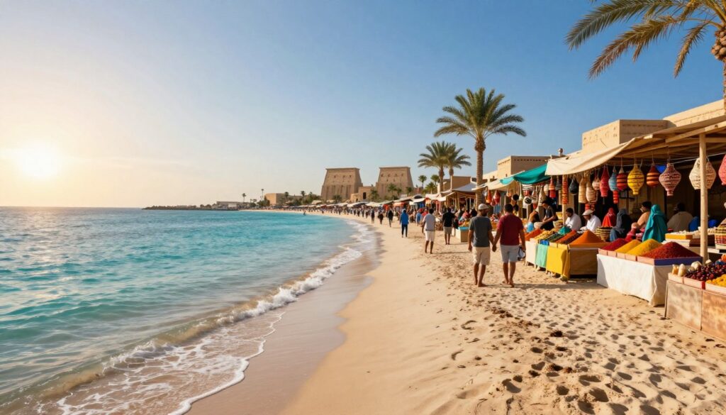 A serene beach scene on the left side featuring tranquil turquoise waters, soft white sand, and a relaxing palm tree, with a calm sunset casting warm golden light. In contrast, the right side depicts a vibrant marketplace bustling with energy, colorful stalls filled with exotic spices, and lively locals engaging with tourists, all under a bright blue sky. The foreground shows a gentle wave lapping at the shore, while in the background, ancient Egyptian structures rise against the horizon. The lighting enhances the peacefulness on the left, while dynamic shadows play across the busy scene on the right, creating a vivid contrast that represents the duality of holiday experiences. The overall atmosphere balances calmness and excitement.