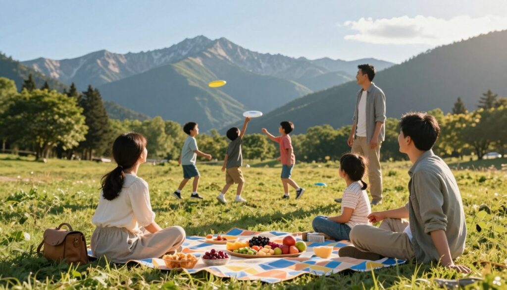 A serene mountain landscape captured during golden hour, showcasing a family engaging in various outdoor activities. In the foreground, a family of four—dressed in modest casual clothing—enjoys a relaxing picnic on a colorful blanket, surrounded by a spread of healthy snacks. In the middle ground, a couple of children can be seen playing frisbee, while the parents watch, smiling. In the background, majestic mountains rise under a clear blue sky, dotted with lush green trees. The lighting is warm and inviting, casting gentle shadows and creating a peaceful atmosphere. The image feels vibrant and lively, reflecting the joy of family bonding in nature, emphasizing both relaxation and active enjoyment in the mountains. A serene mountain landscape captured during golden hour, showcasing a family engaging in various outdoor activities. In the foreground, a family of four—dressed in modest casual clothing—enjoys a relaxing picnic on a colorful blanket, surrounded by a spread of healthy snacks. In the middle ground, a couple of children can be seen playing frisbee, while the parents watch, smiling. In the background, majestic mountains rise under a clear blue sky, dotted with lush green trees. The lighting is warm and inviting, casting gentle shadows and creating a peaceful atmosphere. The image feels vibrant and lively, reflecting the joy of family bonding in nature, emphasizing both relaxation and active enjoyment in the mountains.