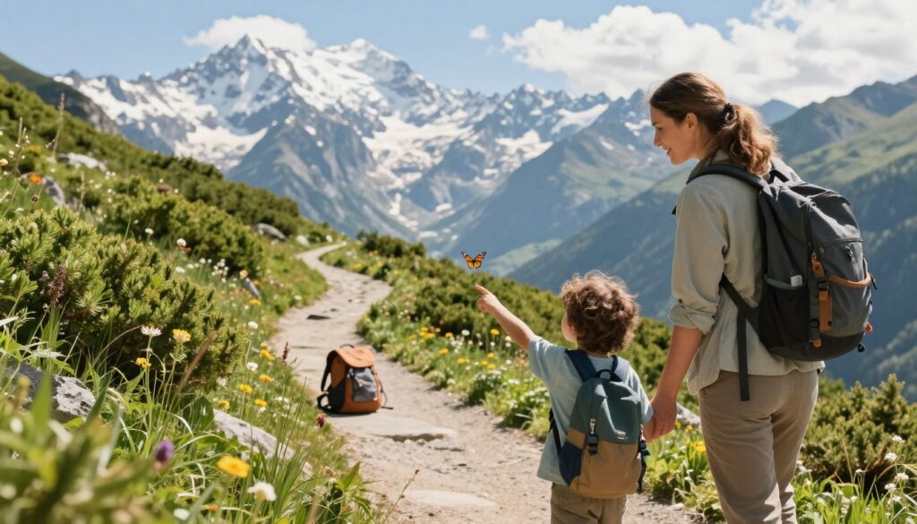 A serene mountain trail scene featuring a parent and a young child, both dressed in comfortable hiking attire, enjoying a sunny day. In the foreground, the parent is gently holding the child's hand, pointing at a colorful butterfly fluttering nearby. The middle ground showcases a winding path surrounded by vibrant green shrubbery and wildflowers, with a small backpack parked nearby, symbolizing their adventure. In the background, majestic snow-capped peaks rise against a clear blue sky, with soft clouds creating a peaceful atmosphere. The sunlight casts a warm glow, highlighting the joy of family exploration in nature. Capture the scene from a slightly elevated angle to encompass the landscape while emphasizing the bond between parent and child during their mountain adventure. A serene mountain trail scene featuring a parent and a young child, both dressed in comfortable hiking attire, enjoying a sunny day. In the foreground, the parent is gently holding the child's hand, pointing at a colorful butterfly fluttering nearby. The middle ground showcases a winding path surrounded by vibrant green shrubbery and wildflowers, with a small backpack parked nearby, symbolizing their adventure. In the background, majestic snow-capped peaks rise against a clear blue sky, with soft clouds creating a peaceful atmosphere. The sunlight casts a warm glow, highlighting the joy of family exploration in nature. Capture the scene from a slightly elevated angle to encompass the landscape while emphasizing the bond between parent and child during their mountain adventure.