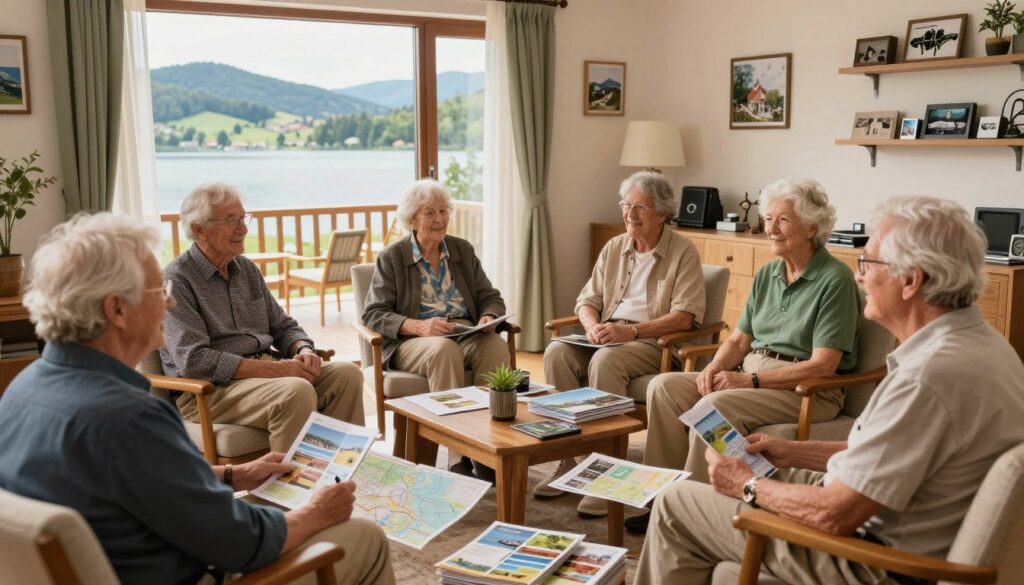 A serene scene depicting a comfortable travel setting suited for seniors. In the foreground, a diverse group of older adults in stylish yet modest casual clothing is engaged in a friendly discussion, surrounded by travel brochures and maps. In the middle ground, a spacious, beautifully designed room features cozy chairs, soft lighting, and a large window with a view of a tranquil Polish landscape, like rolling hills or a peaceful lakeside. The background showcases elements of personalization, like photographs and souvenirs, emphasizing the importance of tailoring experiences to individual needs. The overall atmosphere is warm and inviting, evoking a sense of comfort and inclusivity, ideal for planning memorable vacations for seniors. Natural lighting enhances the inviting mood, creating a peaceful ambiance. A serene scene depicting a comfortable travel setting suited for seniors. In the foreground, a diverse group of older adults in stylish yet modest casual clothing is engaged in a friendly discussion, surrounded by travel brochures and maps. In the middle ground, a spacious, beautifully designed room features cozy chairs, soft lighting, and a large window with a view of a tranquil Polish landscape, like rolling hills or a peaceful lakeside. The background showcases elements of personalization, like photographs and souvenirs, emphasizing the importance of tailoring experiences to individual needs. The overall atmosphere is warm and inviting, evoking a sense of comfort and inclusivity, ideal for planning memorable vacations for seniors. Natural lighting enhances the inviting mood, creating a peaceful ambiance.