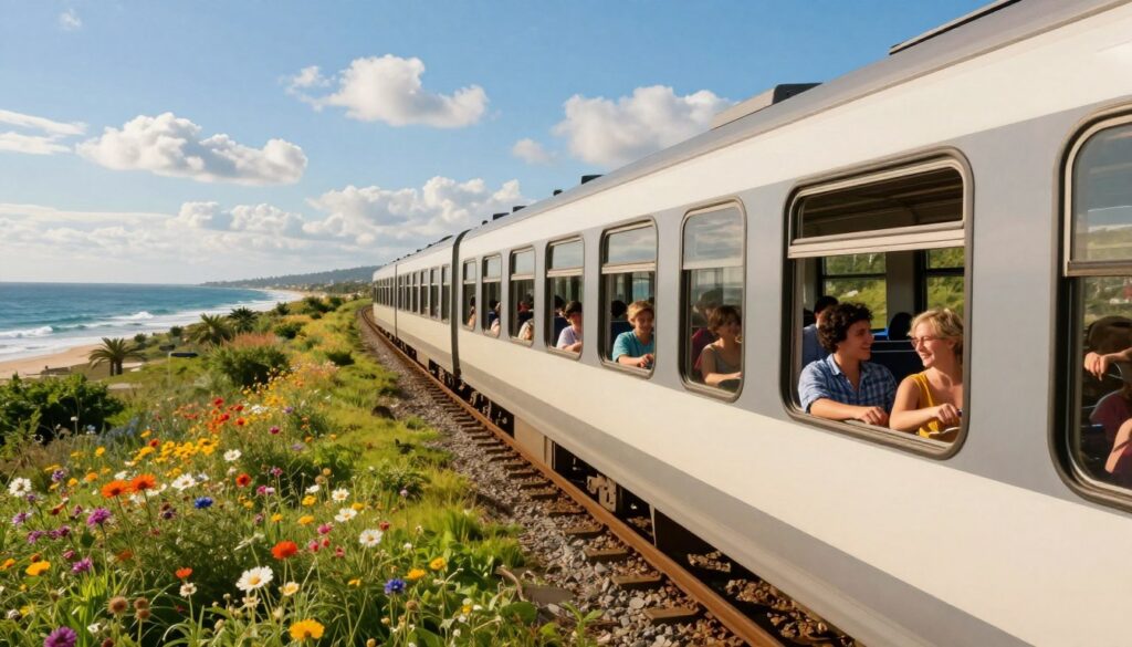 A serene train journey towards the sea during summer, capturing the vibrant essence of travel without a car. In the foreground, a stylish, modern train glides along tracks that weave through lush green landscapes, surrounded by blooming wildflowers. In the middle, a diverse group of passengers relaxes in the comfortable train car, adorned in casual summer attire. Their expressions reflect joy and anticipation for their seaside destination. The background showcases a breathtaking coastal view, with gently rolling waves and a clear blue sky dotted with fluffy white clouds. The lighting is warm and golden, evoking a sunny afternoon, with a focus on clarity and crisp details, shot with a wide-angle lens to capture the expansive scenery and create an inviting atmosphere of adventure and relaxation. A serene train journey towards the sea during summer, capturing the vibrant essence of travel without a car. In the foreground, a stylish, modern train glides along tracks that weave through lush green landscapes, surrounded by blooming wildflowers. In the middle, a diverse group of passengers relaxes in the comfortable train car, adorned in casual summer attire. Their expressions reflect joy and anticipation for their seaside destination. The background showcases a breathtaking coastal view, with gently rolling waves and a clear blue sky dotted with fluffy white clouds. The lighting is warm and golden, evoking a sunny afternoon, with a focus on clarity and crisp details, shot with a wide-angle lens to capture the expansive scenery and create an inviting atmosphere of adventure and relaxation.