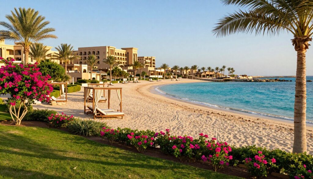 A serene tropical resort in Egypt, featuring a stunning beachfront with soft white sand and turquoise waters. In the foreground, a well-manicured garden filled with vibrant bougainvillea and palm trees creates a lush atmosphere. In the middle ground, elegant cabanas with sun loungers invite relaxation under the warm sun. The background reveals a luxurious hotel with traditional Egyptian architecture, blending seamlessly into the natural landscape. The scene is bathed in golden hour light, casting a warm, inviting glow. Capture a sense of tranquility and escape, with gentle waves lapping at the shore and a clear blue sky overhead. The image should evoke feelings of happiness and leisure, perfect for choosing an ideal vacation resort.