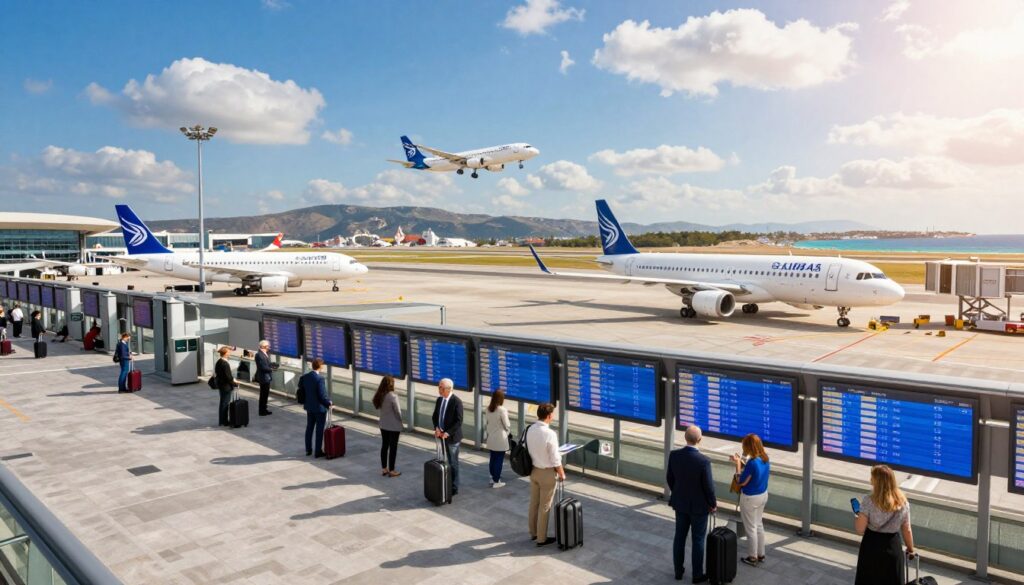 A stunning aerial view of a modern airport terminal with direct flights to Greece, showcasing sleek airplanes parked on the tarmac. In the foreground, a diverse group of well-dressed travelers with luggage, representing different nationalities, eagerly checking flight information on digital screens. The middle ground features various aircraft, including a prominent Greek airline, taking off into a bright blue sky dotted with fluffy clouds. The background shows distant hills and a glimpse of the vibrant Greek coastline, emphasizing the destination. The scene is bathed in warm, sunny lighting, creating a welcoming and optimistic atmosphere, capturing the excitement of travel and adventure. A stunning aerial view of a modern airport terminal with direct flights to Greece, showcasing sleek airplanes parked on the tarmac. In the foreground, a diverse group of well-dressed travelers with luggage, representing different nationalities, eagerly checking flight information on digital screens. The middle ground features various aircraft, including a prominent Greek airline, taking off into a bright blue sky dotted with fluffy clouds. The background shows distant hills and a glimpse of the vibrant Greek coastline, emphasizing the destination. The scene is bathed in warm, sunny lighting, creating a welcoming and optimistic atmosphere, capturing the excitement of travel and adventure.