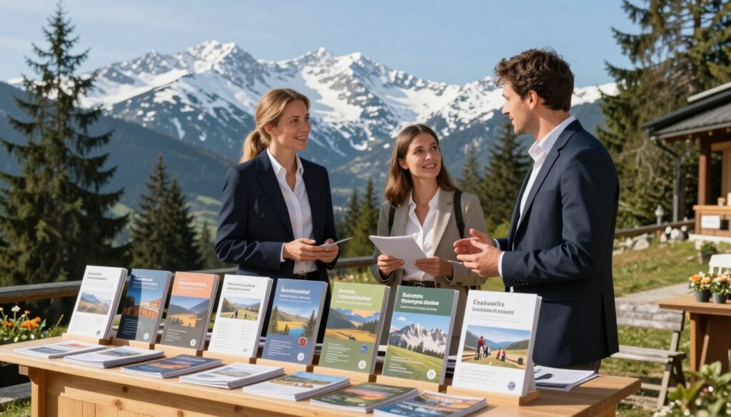 A tranquil mountain travel agency scene showcasing attractive tour packages for a weekend getaway in Zakopane. In the foreground, a well-organized display table features brochures and flyers about various excursion offers, all elegantly arranged. The middle ground reveals two professionally dressed travel agents engaged in a friendly discussion with an interested couple, highlighting excitement in their expressions. The background shows majestic, snow-capped mountains under a clear blue sky, with pine trees enhancing the natural beauty. Soft, natural lighting casts a warm glow over the scene, creating an inviting atmosphere. Capture the image from a slightly elevated angle to include both the agents and the stunning landscape, evoking a sense of adventure and serenity. A tranquil mountain travel agency scene showcasing attractive tour packages for a weekend getaway in Zakopane. In the foreground, a well-organized display table features brochures and flyers about various excursion offers, all elegantly arranged. The middle ground reveals two professionally dressed travel agents engaged in a friendly discussion with an interested couple, highlighting excitement in their expressions. The background shows majestic, snow-capped mountains under a clear blue sky, with pine trees enhancing the natural beauty. Soft, natural lighting casts a warm glow over the scene, creating an inviting atmosphere. Capture the image from a slightly elevated angle to include both the agents and the stunning landscape, evoking a sense of adventure and serenity.