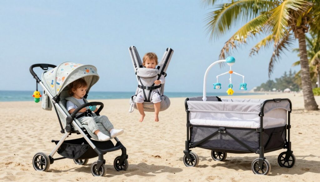A vibrant and inviting travel setup for a family vacation with a toddler, featuring a sturdy lightweight stroller, a comfortable baby carrier, and a compact foldable travel crib, all arranged neatly on a sunny beach. In the foreground, the stroller is adorned with a playful canopy and colorful toys. In the middle ground, a cozy baby carrier hangs next to the crib, showcasing soft bedding and a playful mobile. The background includes palm trees swaying in the gentle breeze and a clear blue sky. The image is bright and cheerful, with soft, natural lighting, capturing the essence of family fun and the excitement of travel. The scene evokes a sense of warmth and adventure, perfect for preparing for a trip with young children. A vibrant and inviting travel setup for a family vacation with a toddler, featuring a sturdy lightweight stroller, a comfortable baby carrier, and a compact foldable travel crib, all arranged neatly on a sunny beach. In the foreground, the stroller is adorned with a playful canopy and colorful toys. In the middle ground, a cozy baby carrier hangs next to the crib, showcasing soft bedding and a playful mobile. The background includes palm trees swaying in the gentle breeze and a clear blue sky. The image is bright and cheerful, with soft, natural lighting, capturing the essence of family fun and the excitement of travel. The scene evokes a sense of warmth and adventure, perfect for preparing for a trip with young children.
