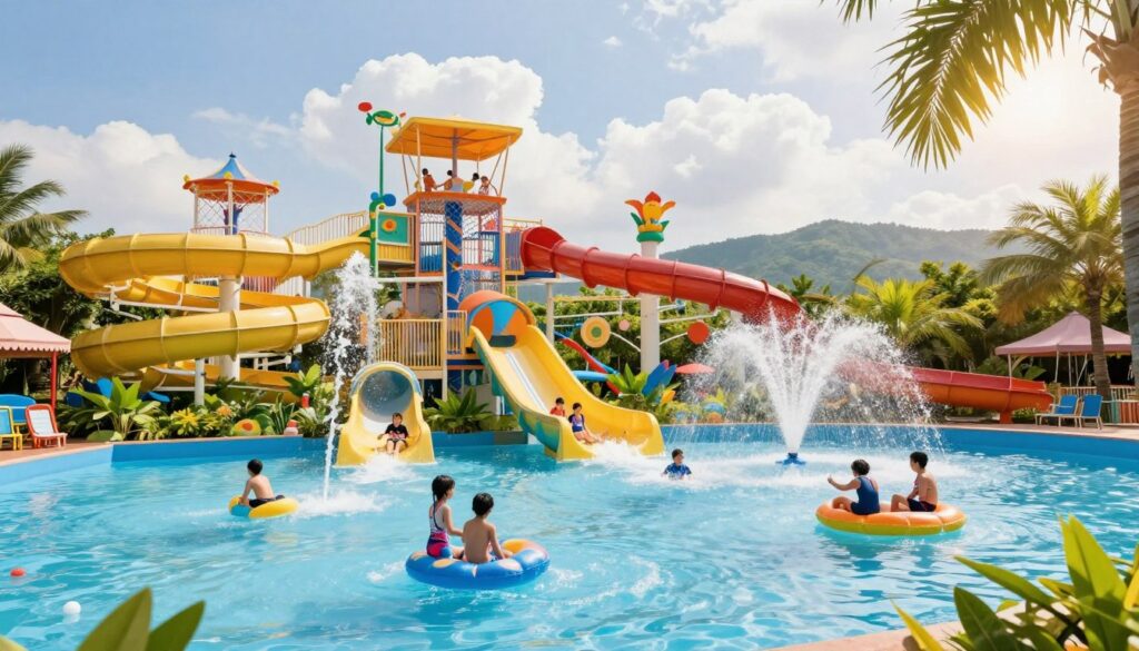 A vibrant family-friendly amusement park in Thailand, filled with colorful water attractions designed for children. In the foreground, a splash pool with joyful kids in modest swimwear playing with water jets and colorful floats. In the middle ground, various water slides with families enjoying themselves, surrounded by lush tropical plants and bright, cheerful decorations. The background features a sunny sky, dotted with fluffy white clouds, and a distant view of sprawling green hills. The scene is lively and inviting, depicting a perfect day of fun and adventure, with warm sunlight casting playful shadows. The mood is joyful and energetic, capturing the essence of family bonding in a tropical paradise.