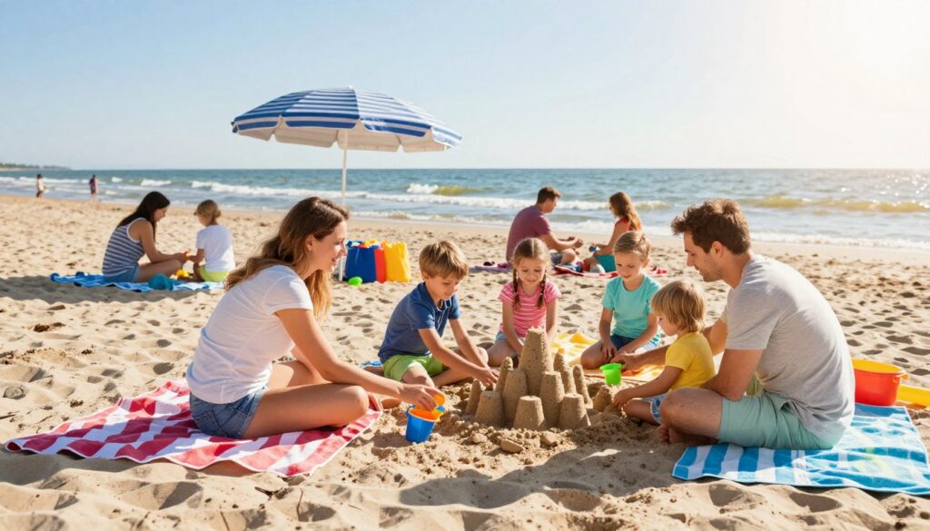 A vibrant family gathering at the beach, showcasing children playing in the soft sand while adults relax on colorful beach towels. In the foreground, a mother and father are constructing a sandcastle with their kids, smiling and enjoying the sunny day. The middle ground features a beach umbrella providing shade, with beach toys scattered around, and families picnicking. In the background, gentle waves kiss the shore under a clear blue sky. Soft sunlight creates a warm, inviting atmosphere, enhancing the cheerful mood of a perfect summer day at the Polish seaside. The scene should be captured with a wide-angle lens, emphasizing the playful interactions and the natural beauty of the beach. A vibrant family gathering at the beach, showcasing children playing in the soft sand while adults relax on colorful beach towels. In the foreground, a mother and father are constructing a sandcastle with their kids, smiling and enjoying the sunny day. The middle ground features a beach umbrella providing shade, with beach toys scattered around, and families picnicking. In the background, gentle waves kiss the shore under a clear blue sky. Soft sunlight creates a warm, inviting atmosphere, enhancing the cheerful mood of a perfect summer day at the Polish seaside. The scene should be captured with a wide-angle lens, emphasizing the playful interactions and the natural beauty of the beach.