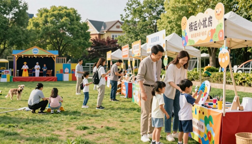 A vibrant family scene set in a local park showcasing various attractions and promotions aimed at children. In the foreground, a cheerful family with two children is excitedly enjoying a small carnival with colorful stalls and games. The parents, dressed in smart casual clothing, are guiding their children towards a face painting booth. In the middle ground, other families are engaged in different activities like a puppet show and a petting zoo. The background features lush greenery and charming local architecture under a bright, sunny sky, emphasizing a cheerful and inviting atmosphere. Soft, warm lighting enhances the feeling of joy and connection, framed as if captured with a 35mm lens at a slightly low angle to highlight the children's expressions. The overall mood is festive and engaging, perfect for illustrating the joys of utilizing local attractions and promotions. A vibrant family scene set in a local park showcasing various attractions and promotions aimed at children. In the foreground, a cheerful family with two children is excitedly enjoying a small carnival with colorful stalls and games. The parents, dressed in smart casual clothing, are guiding their children towards a face painting booth. In the middle ground, other families are engaged in different activities like a puppet show and a petting zoo. The background features lush greenery and charming local architecture under a bright, sunny sky, emphasizing a cheerful and inviting atmosphere. Soft, warm lighting enhances the feeling of joy and connection, framed as if captured with a 35mm lens at a slightly low angle to highlight the children's expressions. The overall mood is festive and engaging, perfect for illustrating the joys of utilizing local attractions and promotions.
