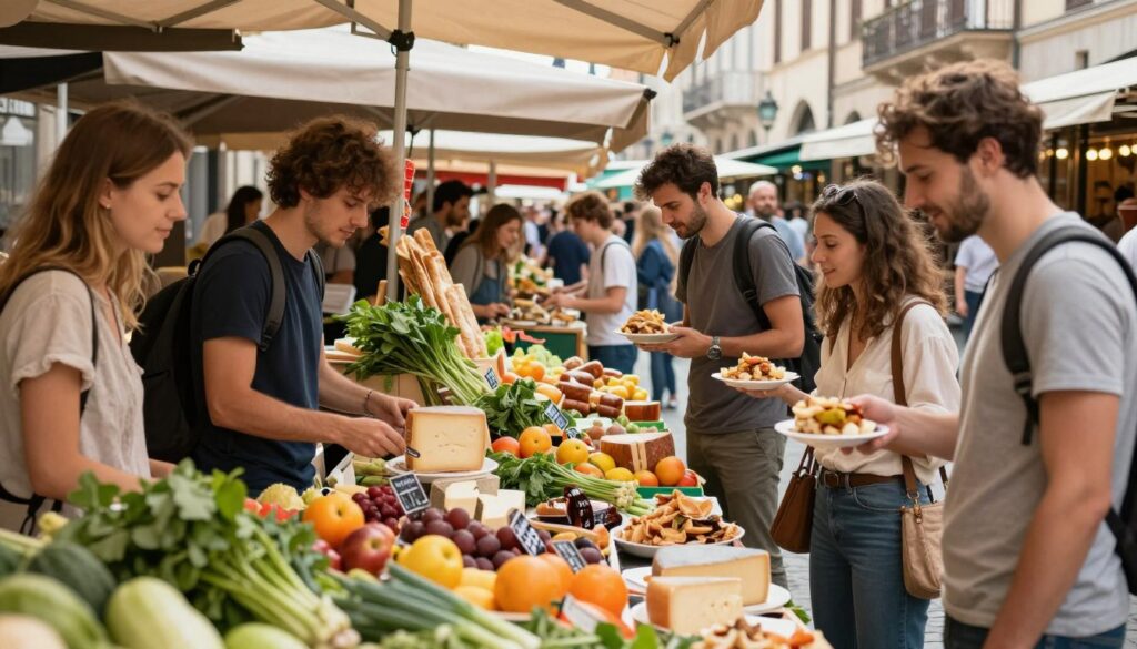 A vibrant outdoor market scene in a European city, showcasing fresh, colorful produce, local delicacies, and budget-friendly meal options. In the foreground, a diverse group of travelers, dressed in modest casual clothing, enthusiastically sample street food and compare prices on fresh fruits and vegetables. The middle ground features stalls overflowing with gourmet cheeses, artisan breads, and aromatic herbs, highlighting the abundance of affordable quality ingredients. The background displays historic architecture with charming cafes, busy with happy patrons enjoying their meals. Soft, warm lighting creates an inviting atmosphere, evoking a sense of community and exploration. The angle captures the energy of the market while emphasizing culinary savings strategies for tourists.